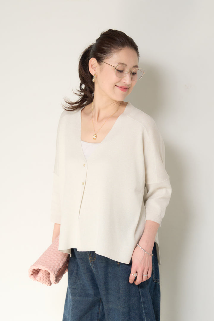 [SET]ウォッシャブルサラッとラメカーディガン+カーブデニムパンツ(2set)