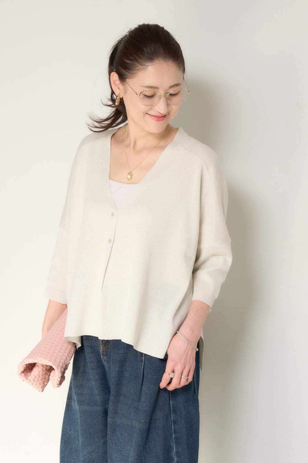 [SET]ウォッシャブルサラッとラメカーディガン+カーブデニムパンツ(2set)