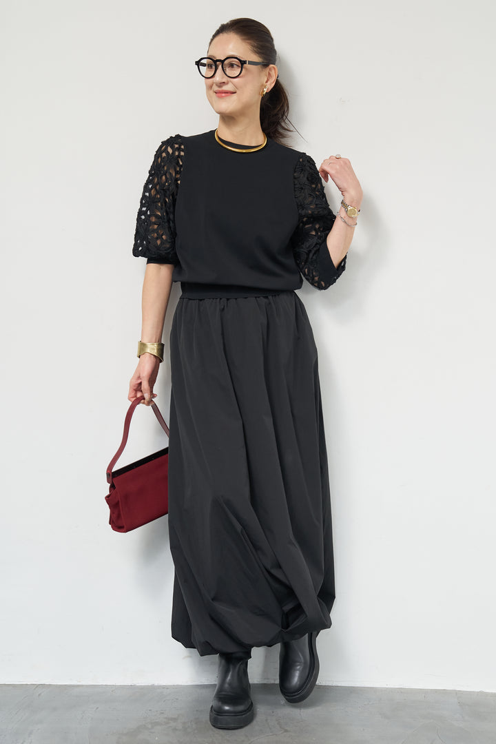 [SET]フラワースリーブニットプルオーバー+ポリエステルブロード バルーンスカート(2set)