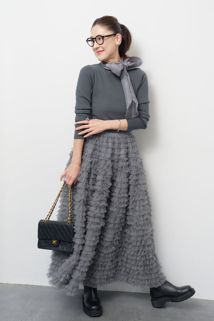 [SET]シフォンボウタイニット+チュールティアードスカート(2set)