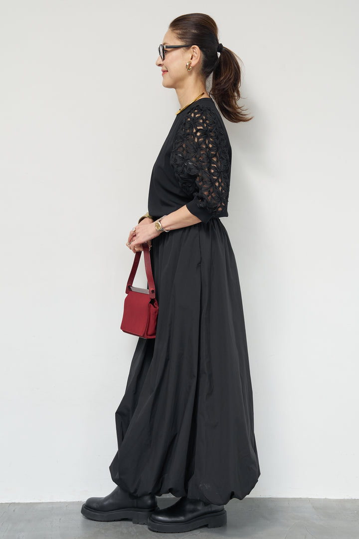 [SET]フラワースリーブニットプルオーバー+ポリエステルブロード バルーンスカート(2set)