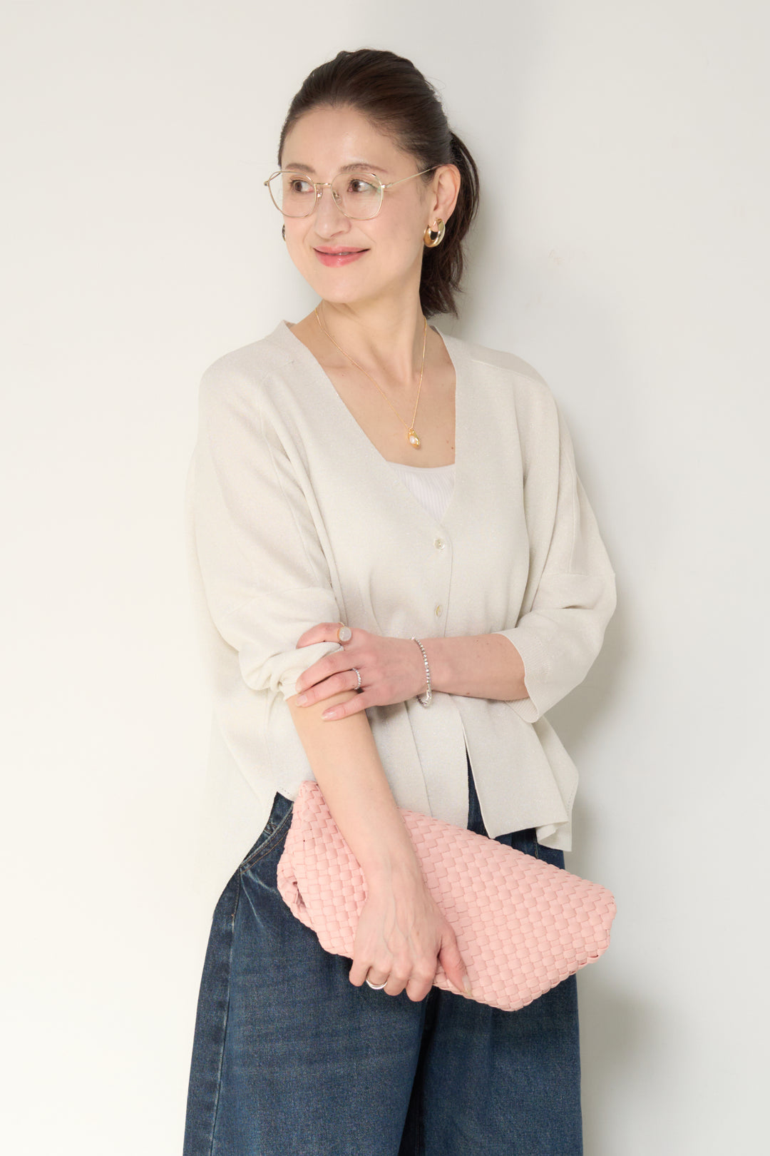 [SET]ウォッシャブルサラッとラメカーディガン+カーブデニムパンツ(2set)