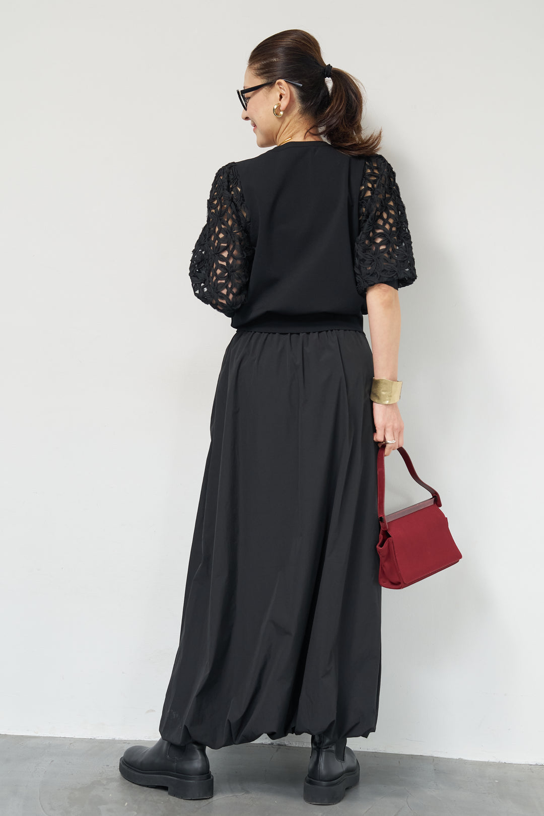 [SET]フラワースリーブニットプルオーバー+ポリエステルブロード バルーンスカート(2set)