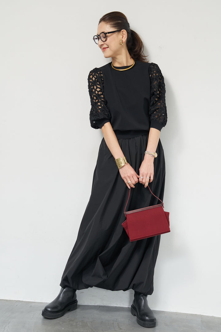 [SET]フラワースリーブニットプルオーバー+ポリエステルブロード バルーンスカート(2set)