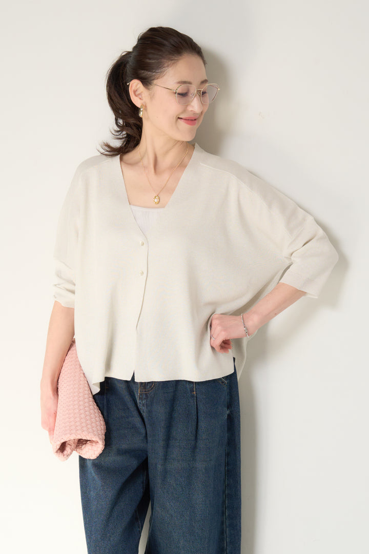 [SET]ウォッシャブルサラッとラメカーディガン+カーブデニムパンツ(2set)