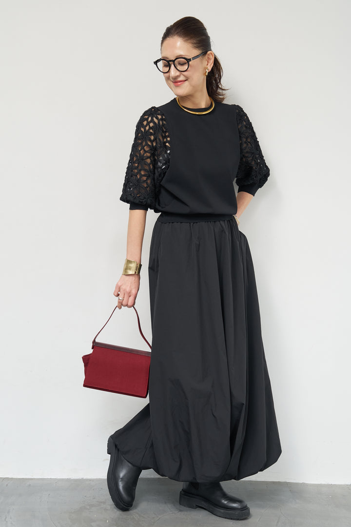 [SET]フラワースリーブニットプルオーバー+ポリエステルブロード バルーンスカート(2set)