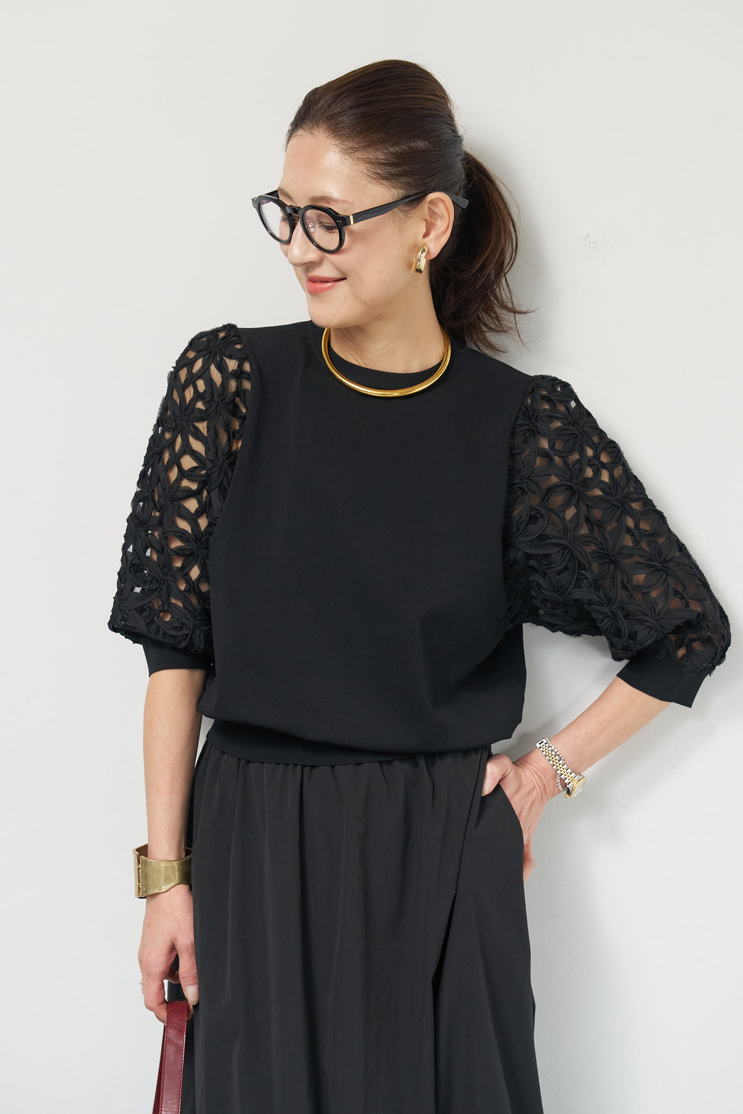 [SET]フラワースリーブニットプルオーバー+ポリエステルブロード バルーンスカート(2set)