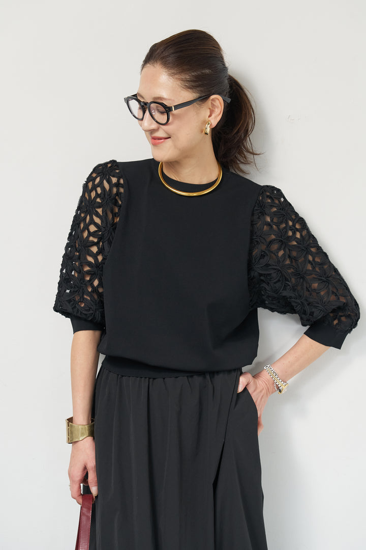 [SET]フラワースリーブニットプルオーバー+ポリエステルブロード バルーンスカート(2set)