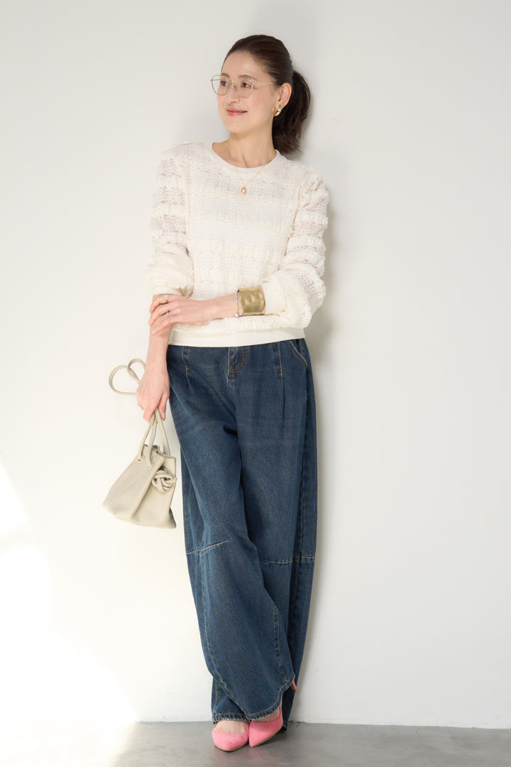 [SET]ティアードレースプルオーバー+カーブデニムパンツ(2set)