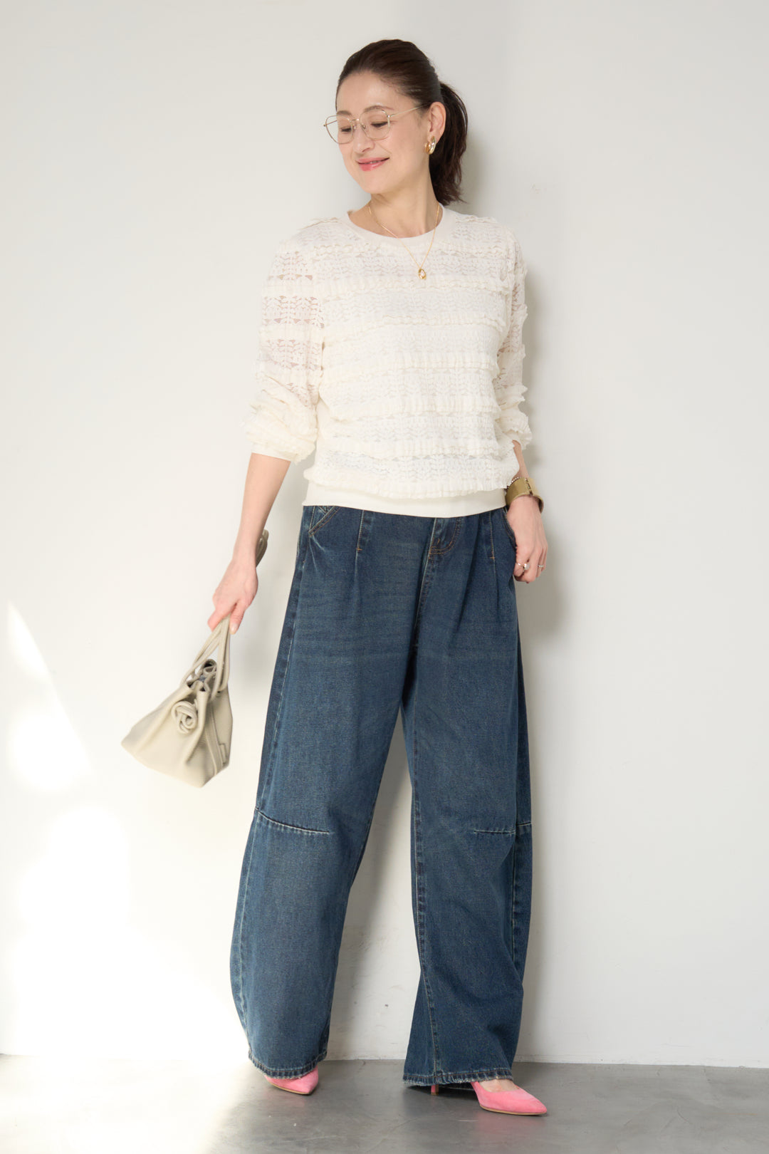 [SET]ティアードレースプルオーバー+カーブデニムパンツ(2set)