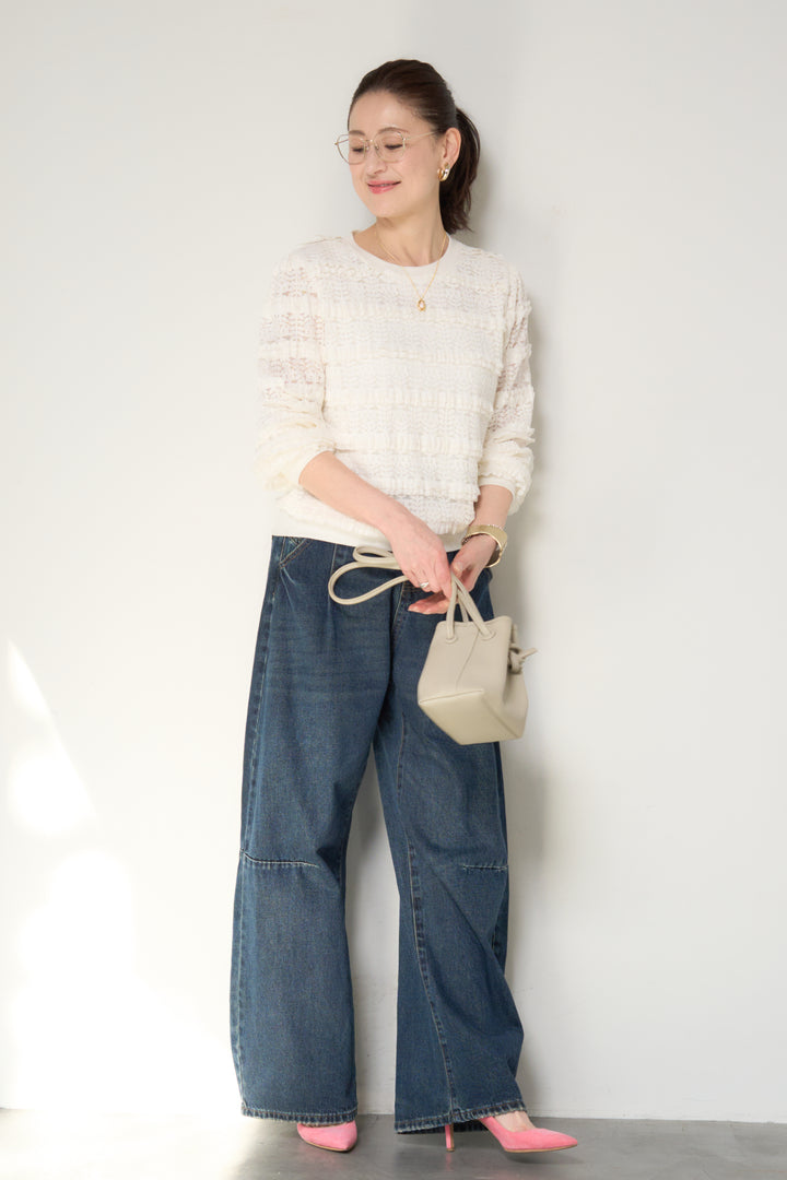 [SET]ティアードレースプルオーバー+カーブデニムパンツ(2set)