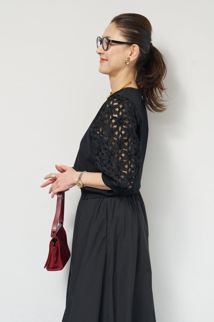 [SET]フラワースリーブニットプルオーバー+ポリエステルブロード バルーンスカート(2set)