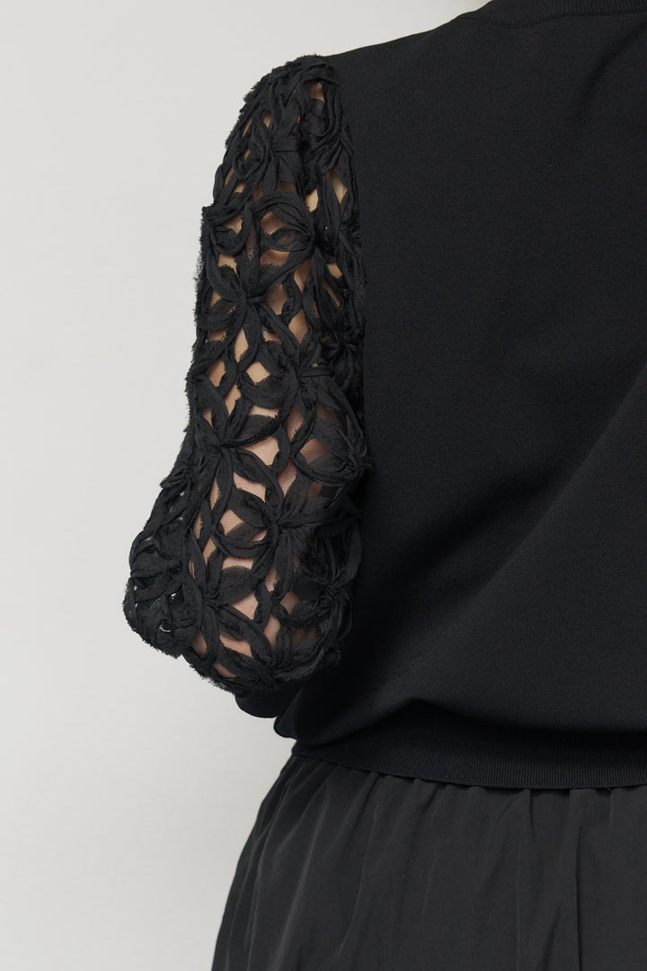 [SET]フラワースリーブニットプルオーバー+ポリエステルブロード バルーンスカート(2set)