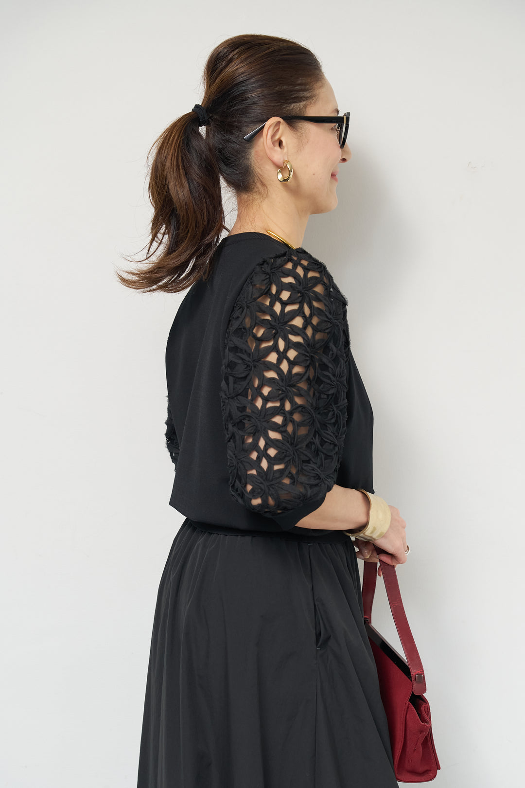 [SET]フラワースリーブニットプルオーバー+ポリエステルブロード バルーンスカート(2set)