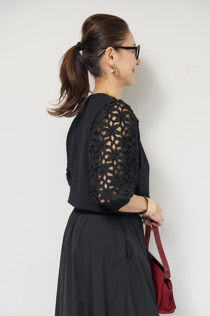 [SET]フラワースリーブニットプルオーバー+ポリエステルブロード バルーンスカート(2set)