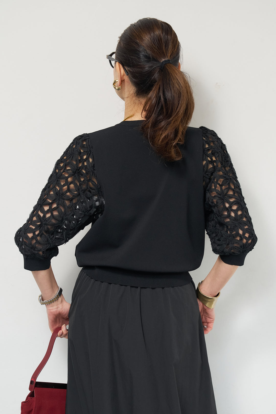 [SET]フラワースリーブニットプルオーバー+ポリエステルブロード バルーンスカート(2set)