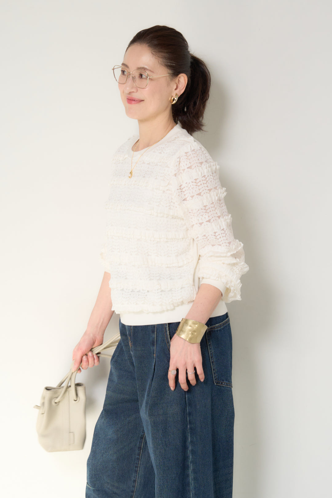 [SET]ティアードレースプルオーバー+カーブデニムパンツ(2set)