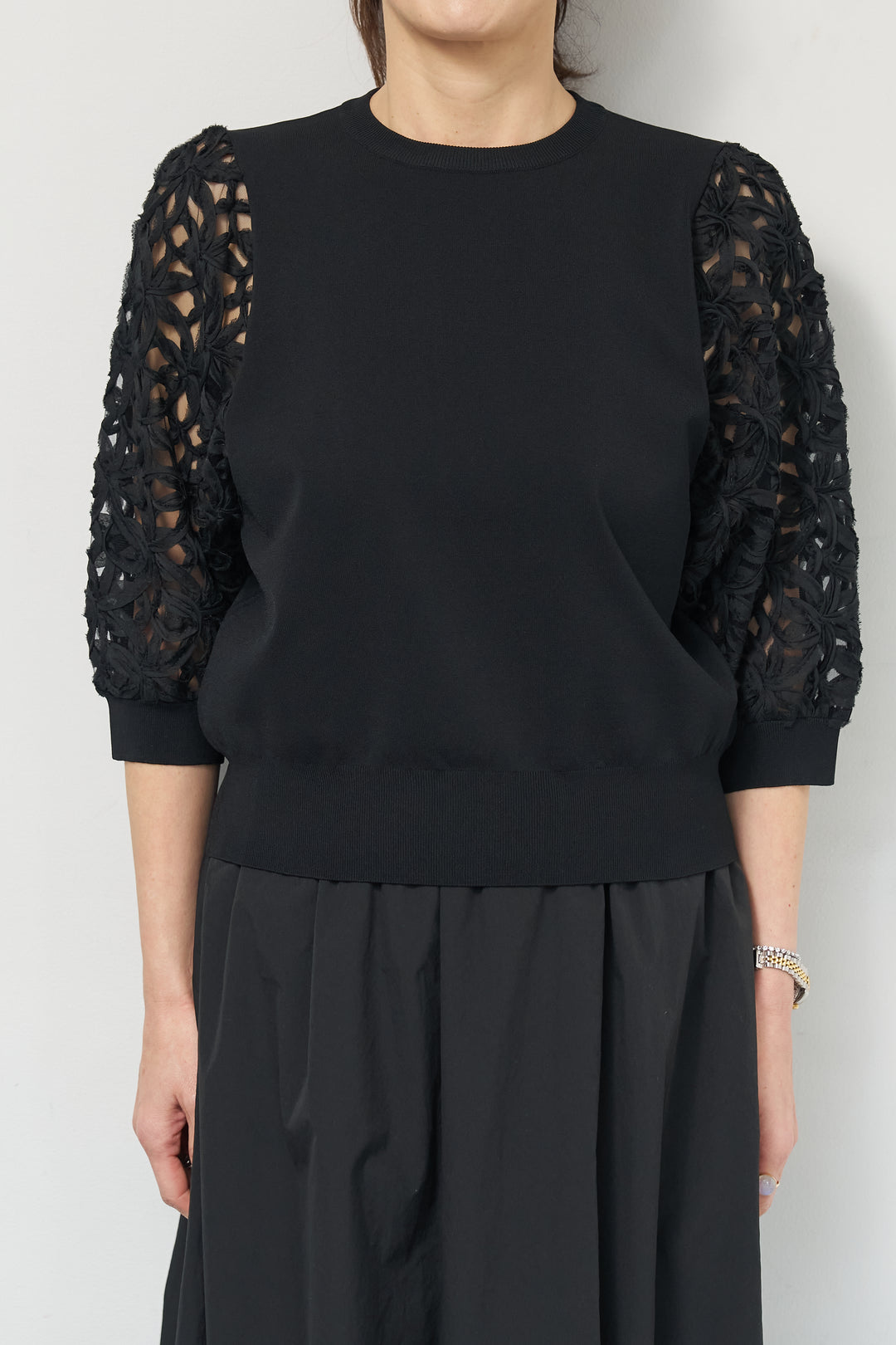 [SET]フラワースリーブニットプルオーバー+ポリエステルブロード バルーンスカート(2set)