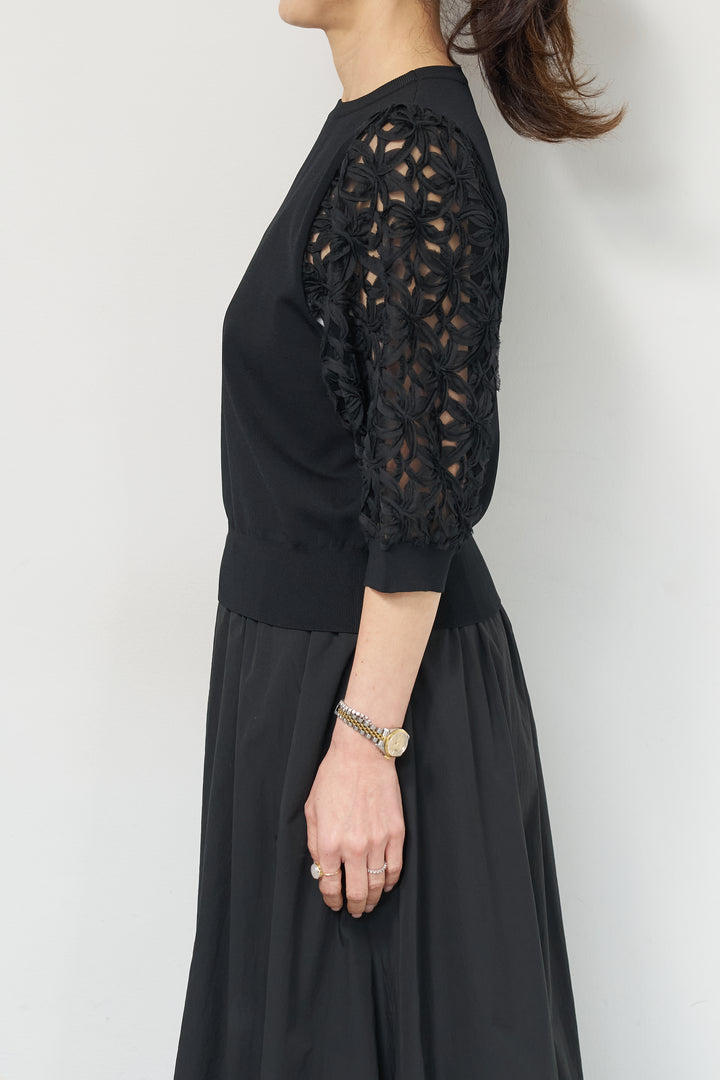 [SET]フラワースリーブニットプルオーバー+ポリエステルブロード バルーンスカート(2set)