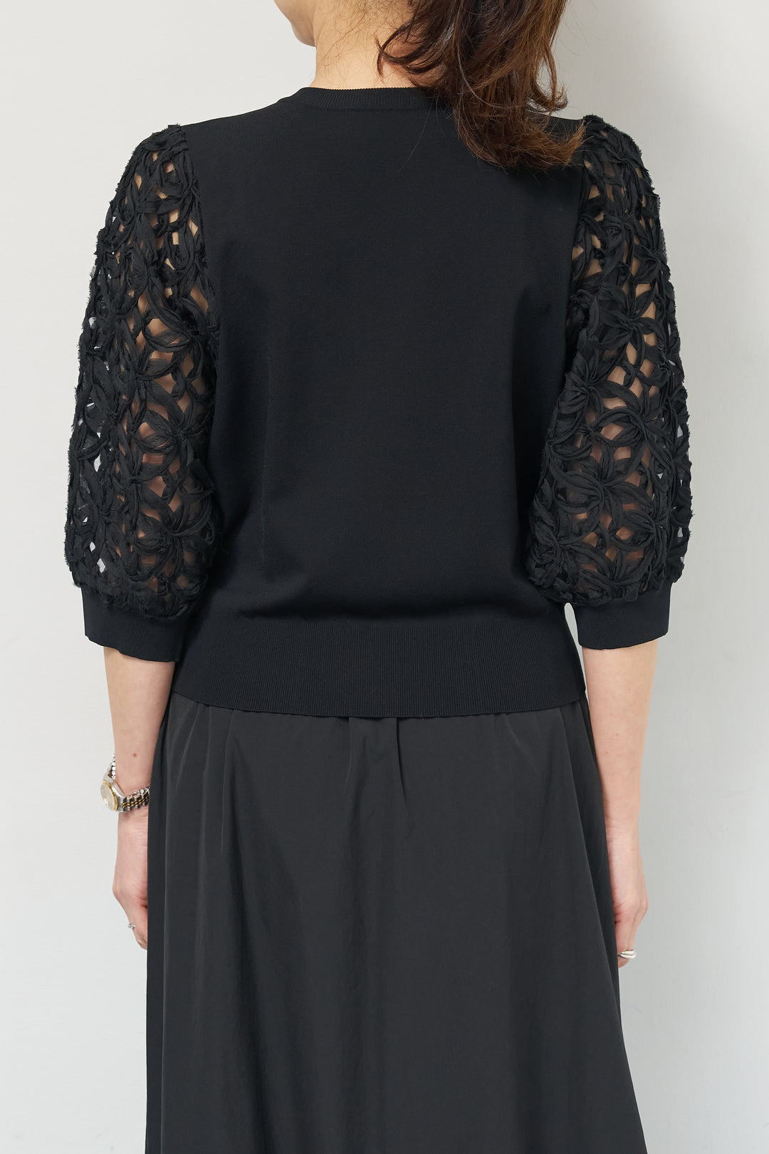 [SET]フラワースリーブニットプルオーバー+ポリエステルブロード バルーンスカート(2set)