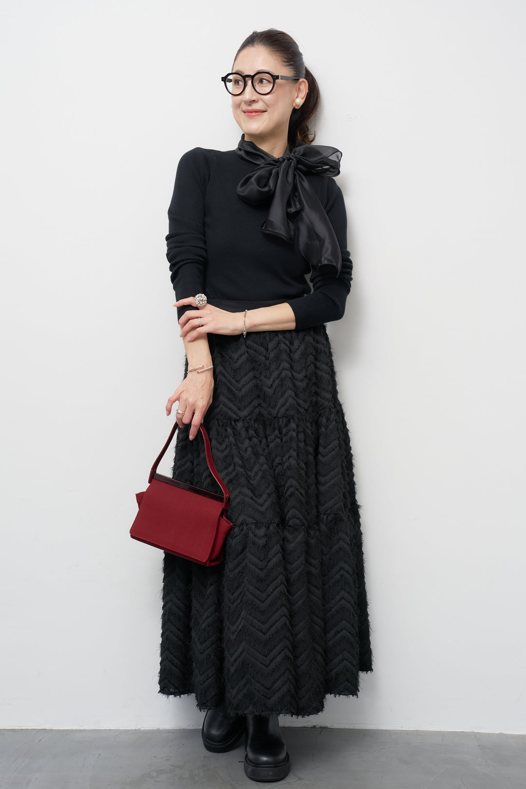 [SET]シフォンボウタイニット+フリンジティアードスカート(2set)