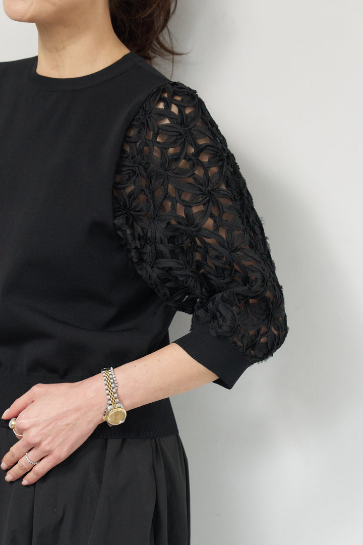 [SET]フラワースリーブニットプルオーバー+ポリエステルブロード バルーンスカート(2set)