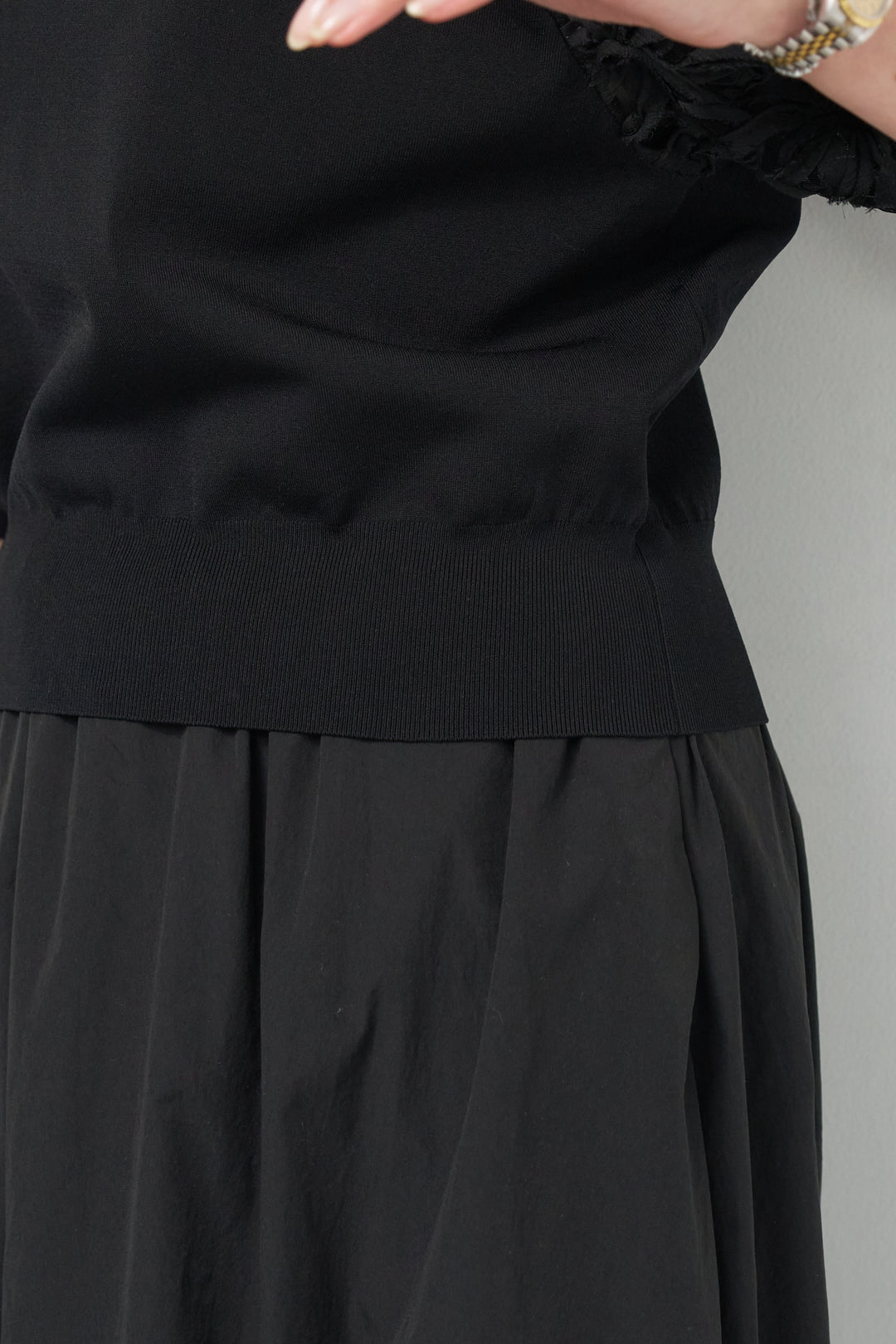 [SET]フラワースリーブニットプルオーバー+ポリエステルブロード バルーンスカート(2set)