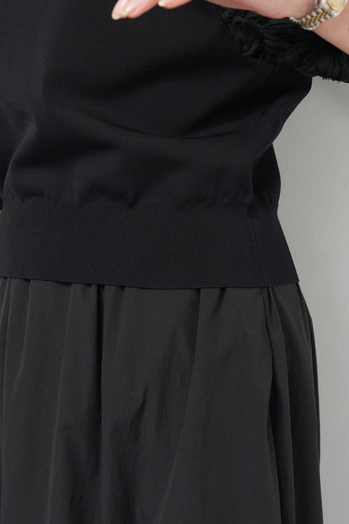 [SET]フラワースリーブニットプルオーバー+ポリエステルブロード バルーンスカート(2set)