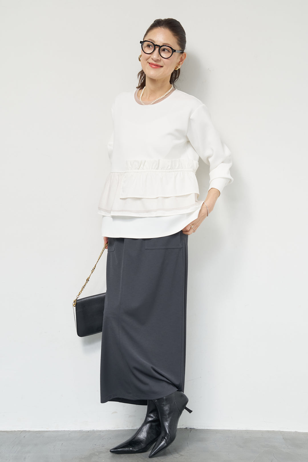 [SET]ストレッチポンチペプラムトップス+スラブカノコニットスカート(2set)