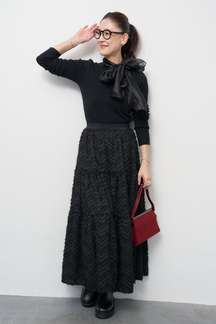 [SET]シフォンボウタイニット+フリンジティアードスカート(2set)