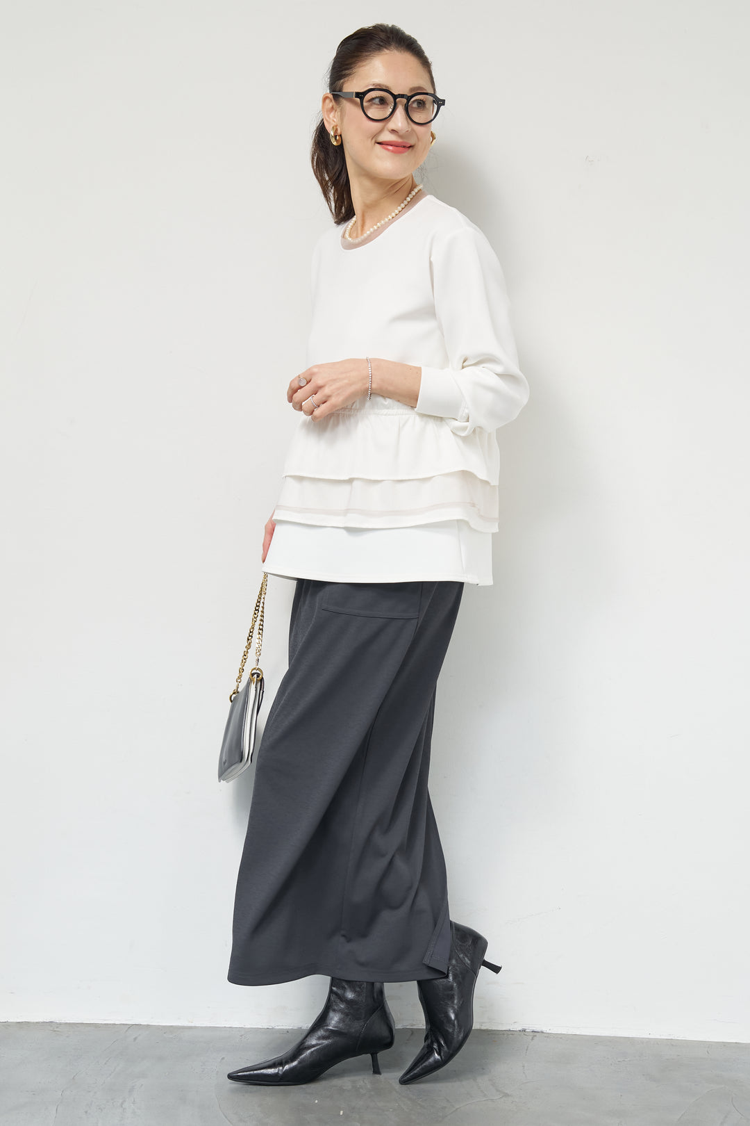 [SET]ストレッチポンチペプラムトップス+スラブカノコニットスカート(2set)