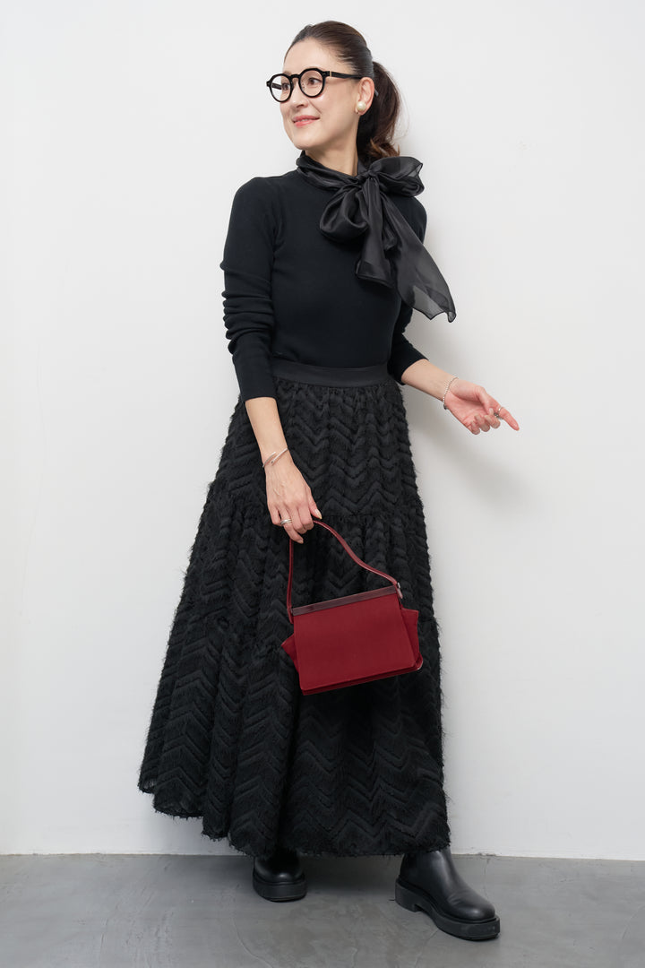 [SET]シフォンボウタイニット+フリンジティアードスカート(2set)