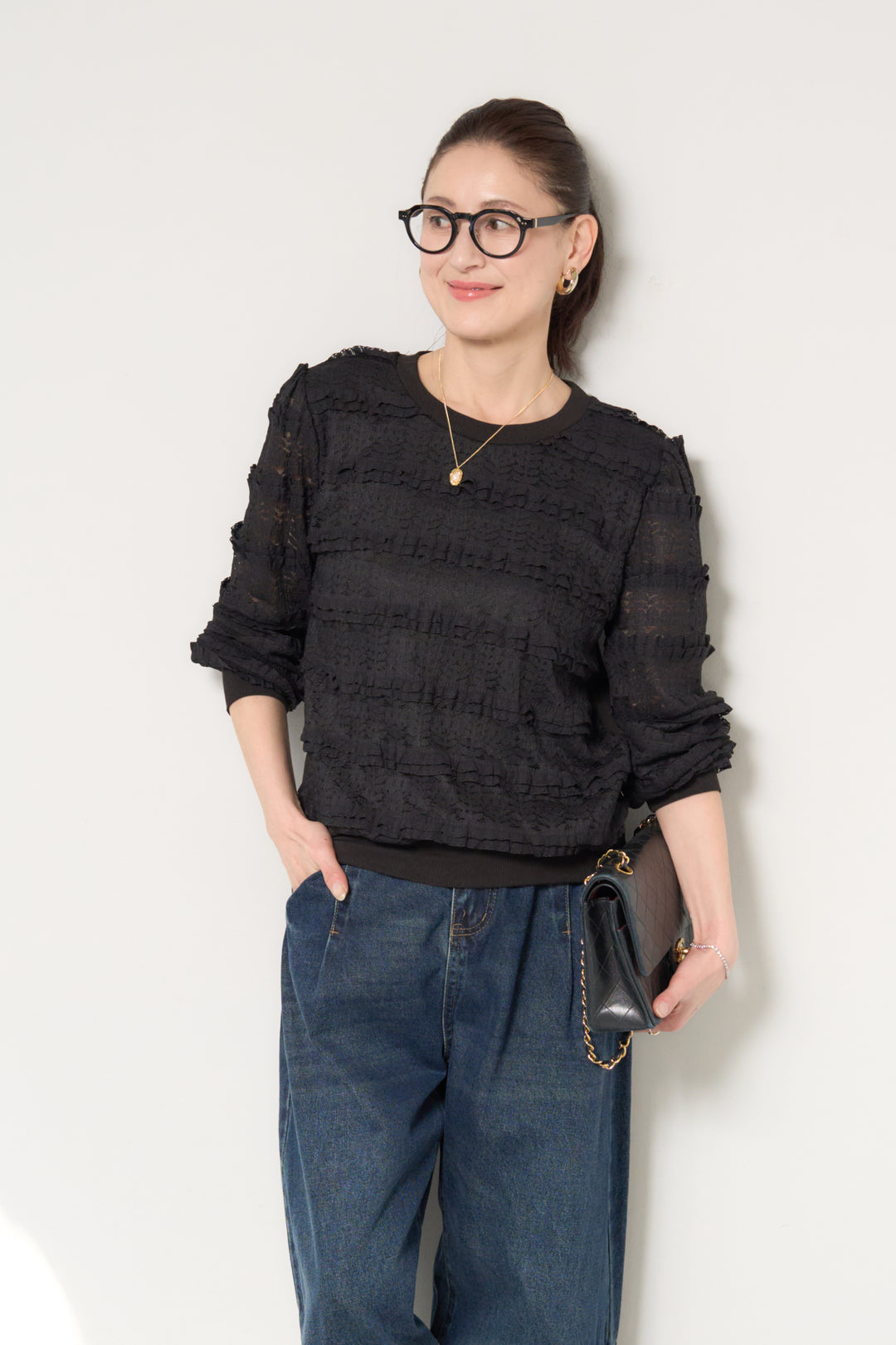 [SET]ティアードレースプルオーバー+カーブデニムパンツ(2set)