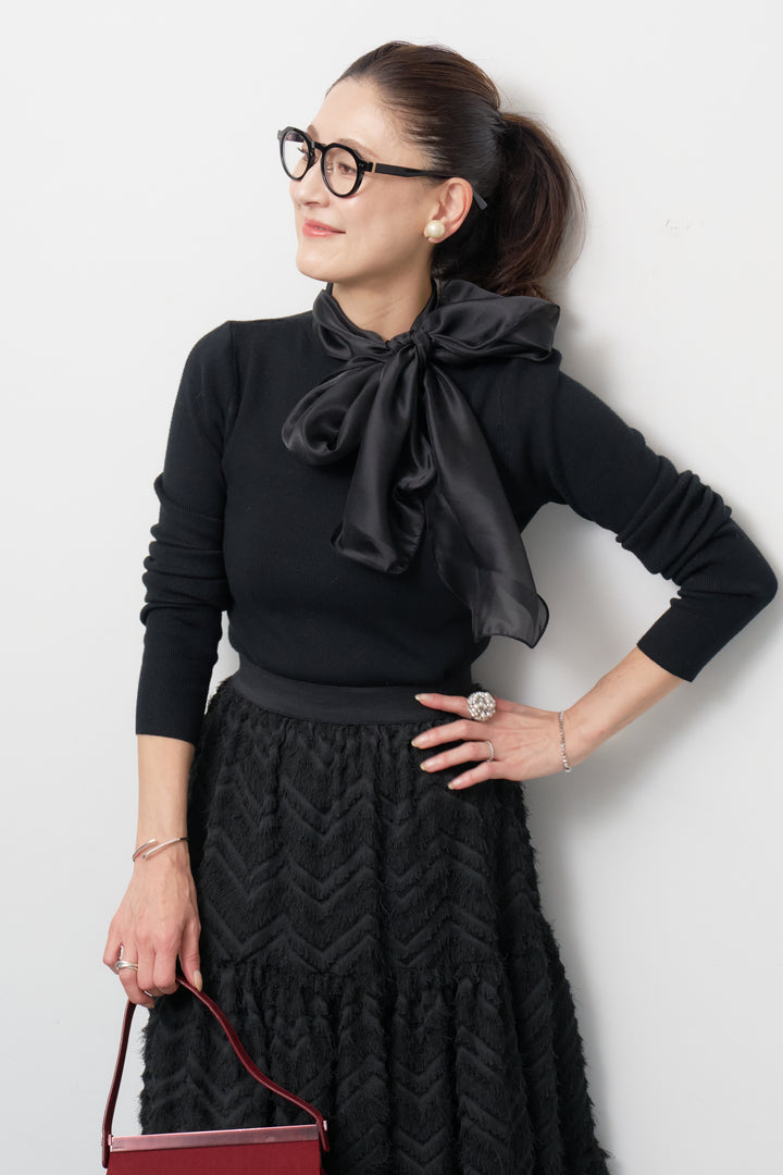 [SET]シフォンボウタイニット+フリンジティアードスカート(2set)