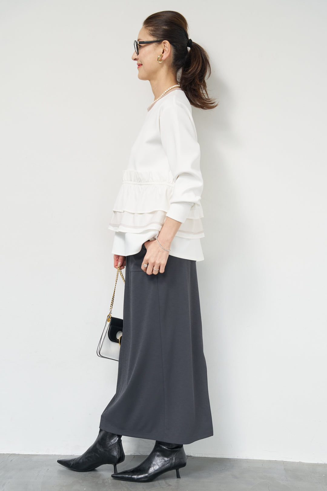 [SET]ストレッチポンチペプラムトップス+スラブカノコニットスカート(2set)