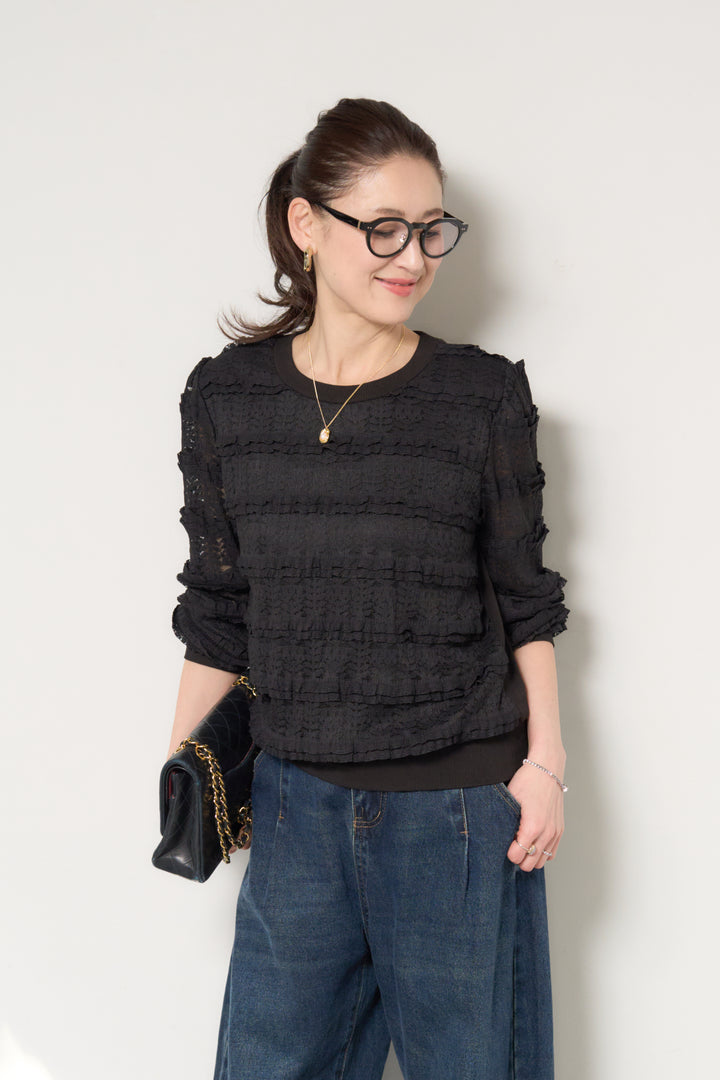 [SET]ティアードレースプルオーバー+カーブデニムパンツ(2set)