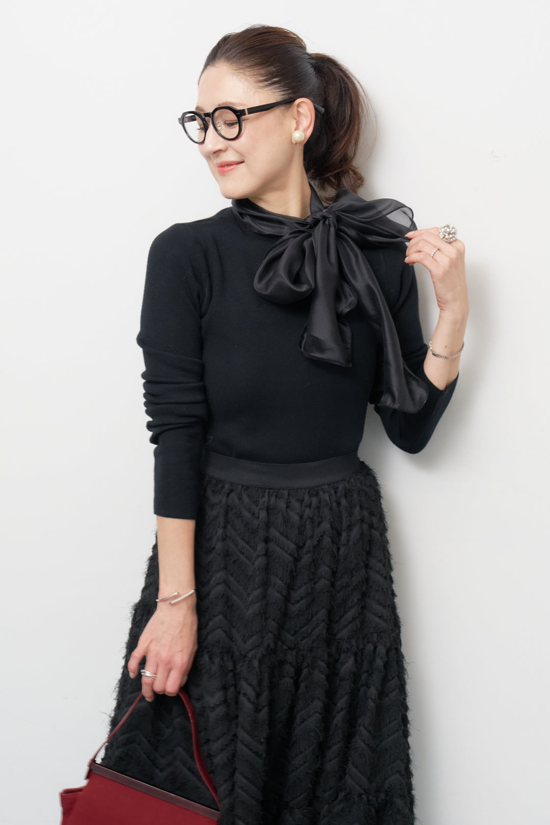 [SET]シフォンボウタイニット+フリンジティアードスカート(2set)