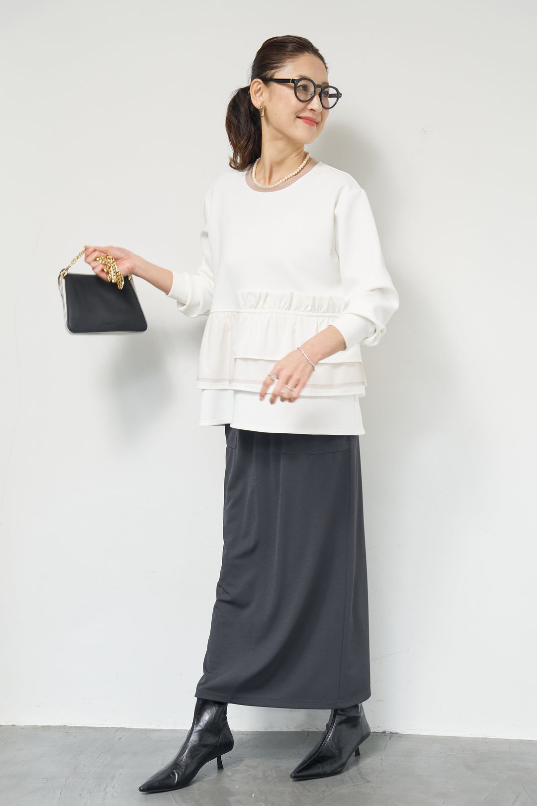 [SET]ストレッチポンチペプラムトップス+スラブカノコニットスカート(2set)