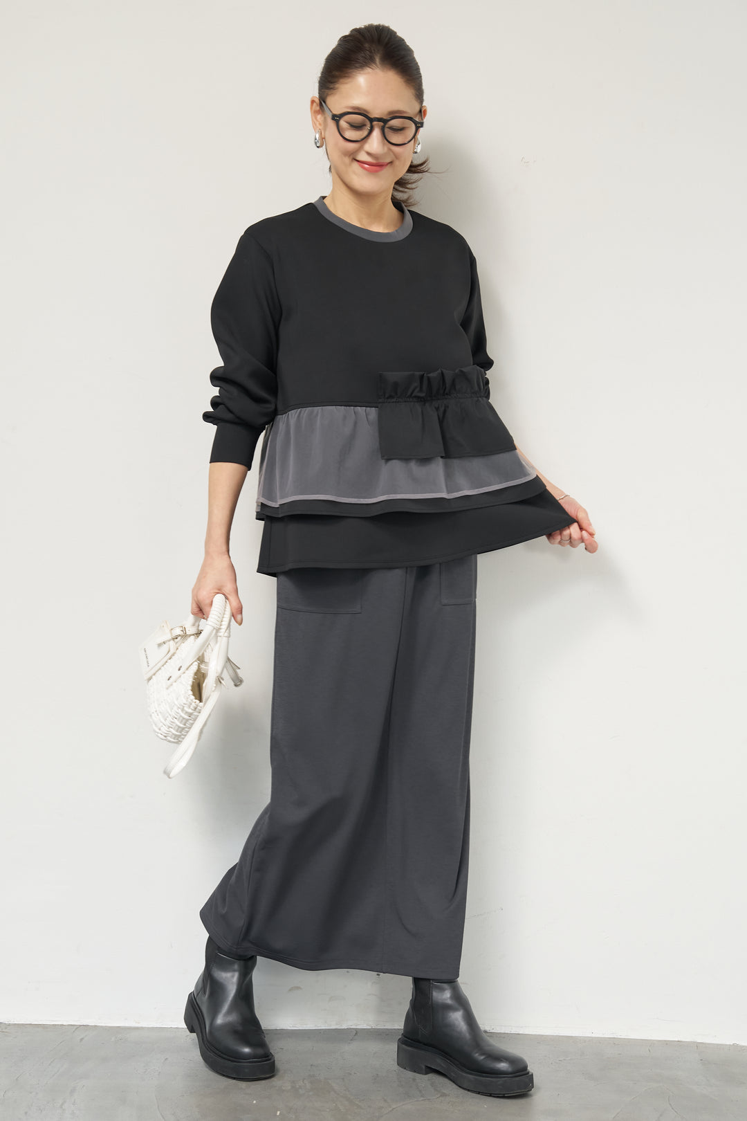 [SET]ストレッチポンチペプラムトップス+スラブカノコニットスカート(2set)