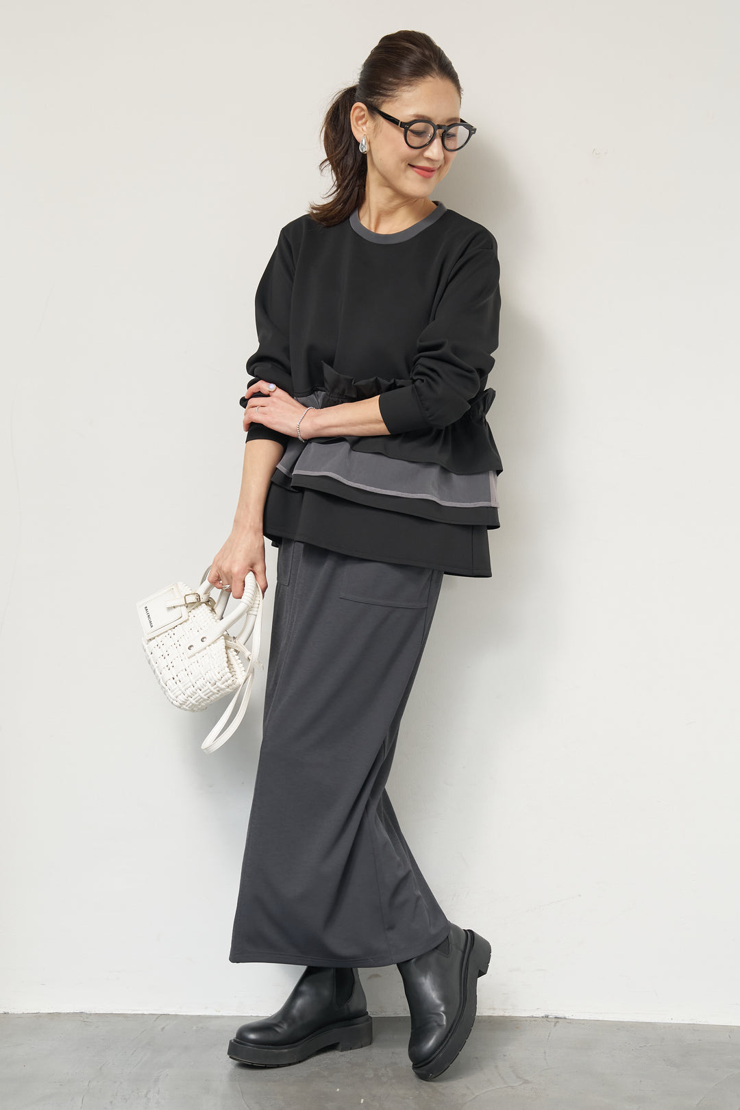 [SET]ストレッチポンチペプラムトップス+スラブカノコニットスカート(2set)