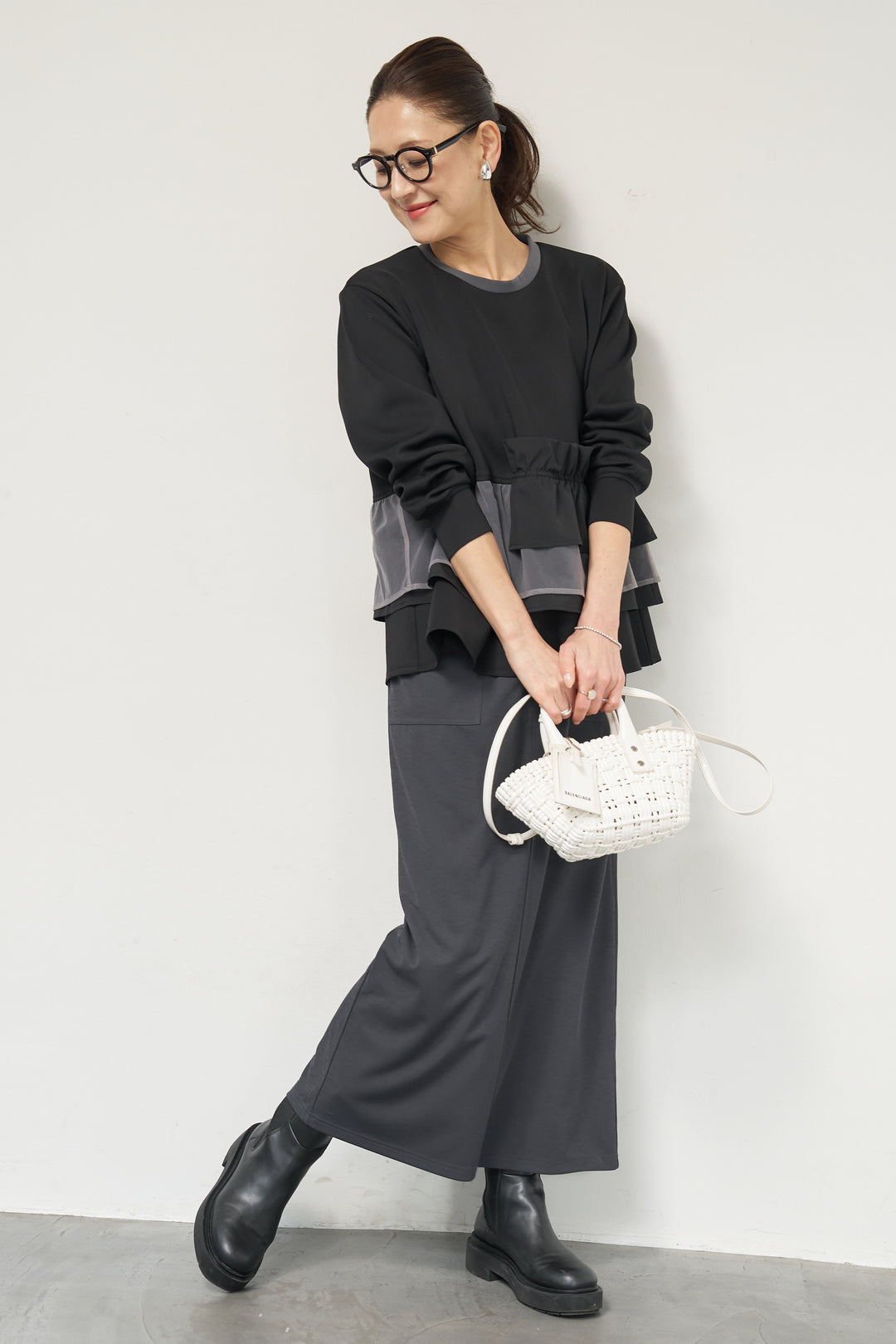 [SET]ストレッチポンチペプラムトップス+スラブカノコニットスカート(2set)