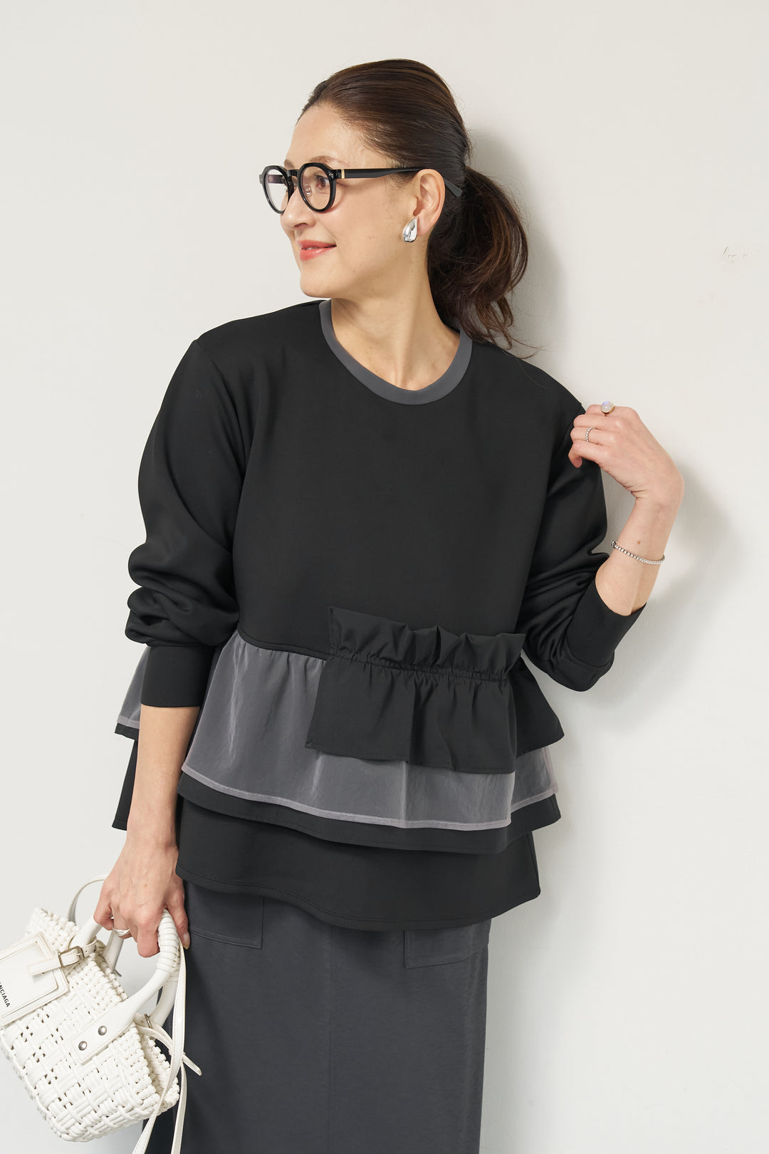 [SET]ストレッチポンチペプラムトップス+スラブカノコニットスカート(2set)