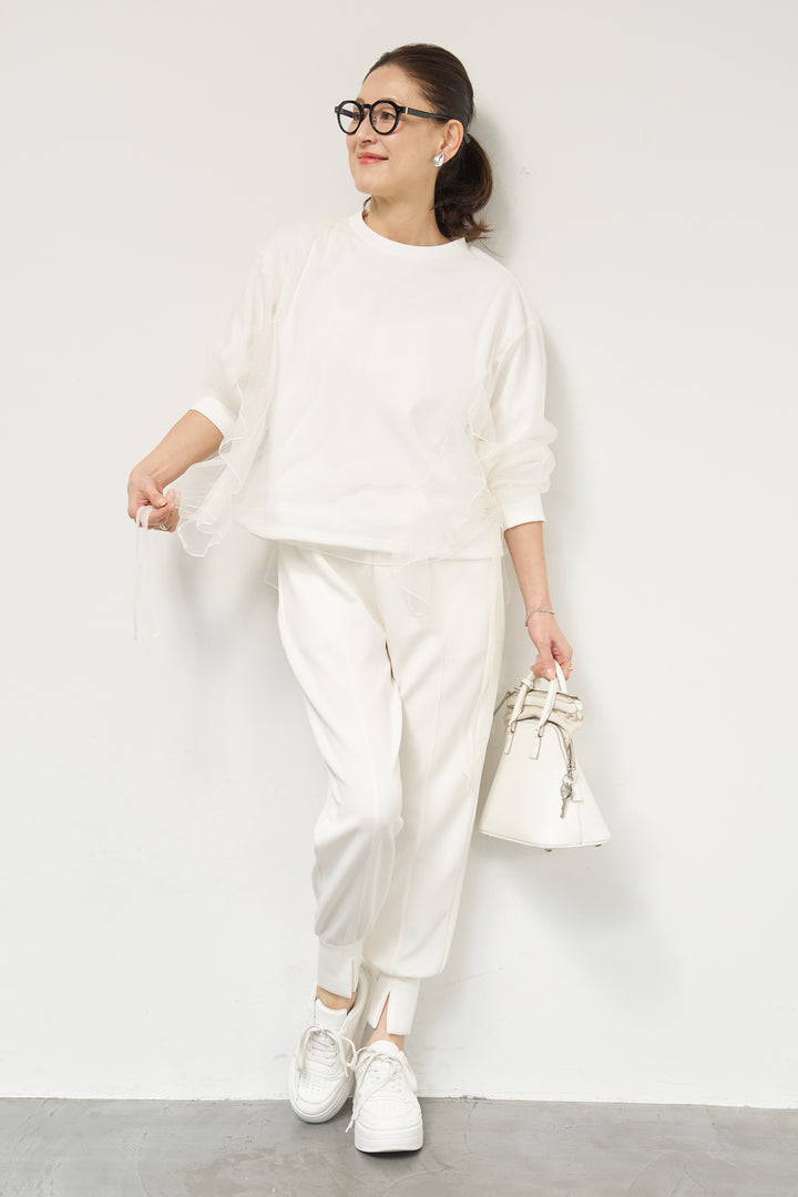 [SET]チュールレイヤード裏毛プルオーバー+ライトダンボールジョガーパンツ(2set)