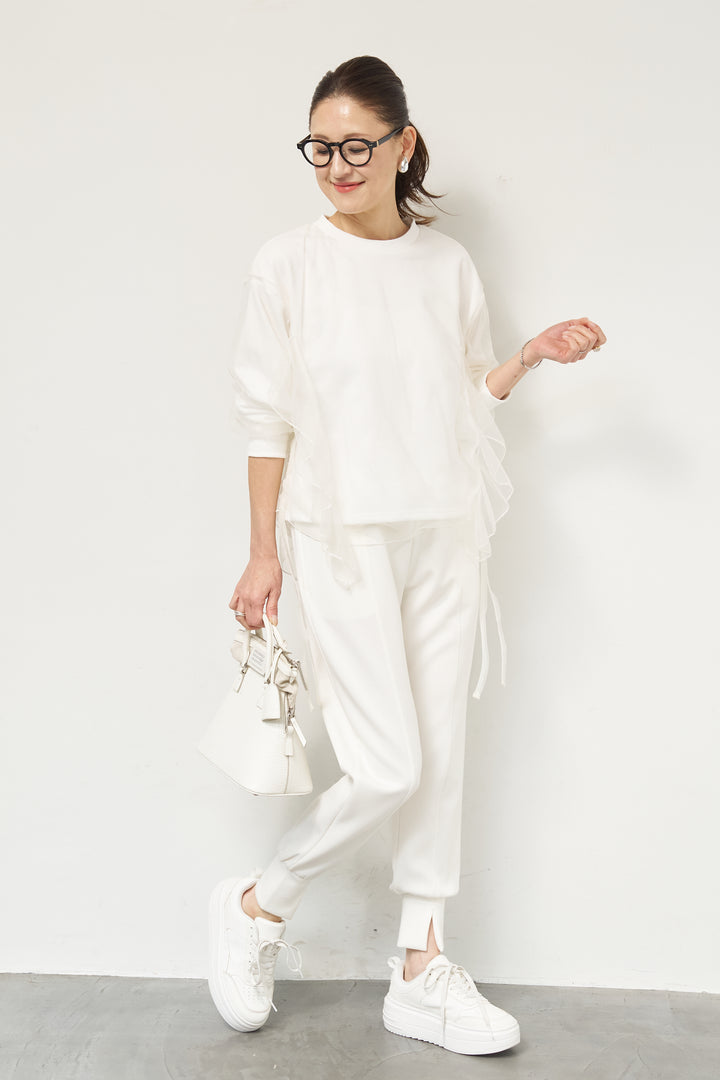 [SET]チュールレイヤード裏毛プルオーバー+ライトダンボールジョガーパンツ(2set)