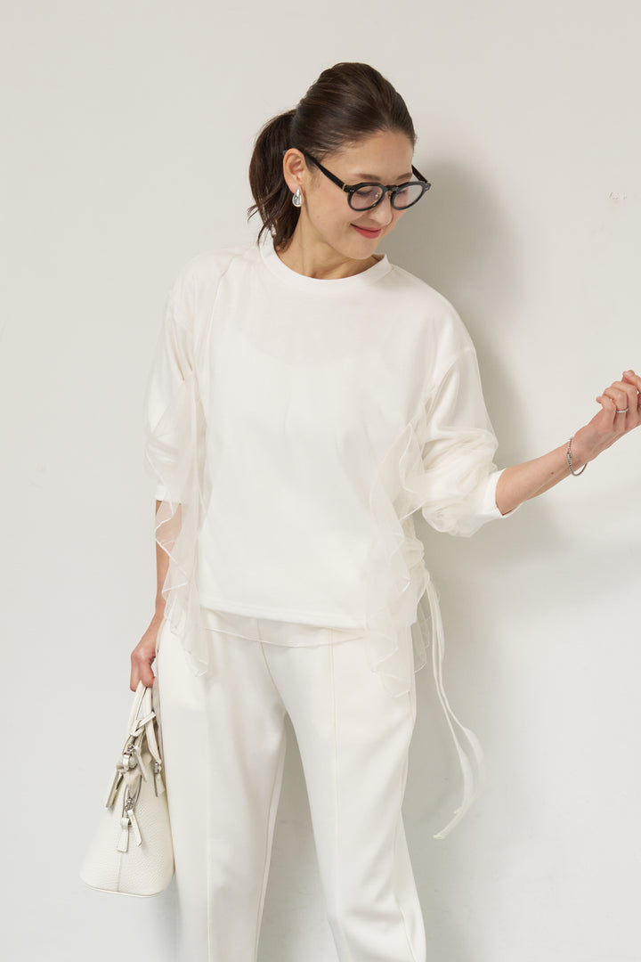 [SET]チュールレイヤード裏毛プルオーバー+ライトダンボールジョガーパンツ(2set)