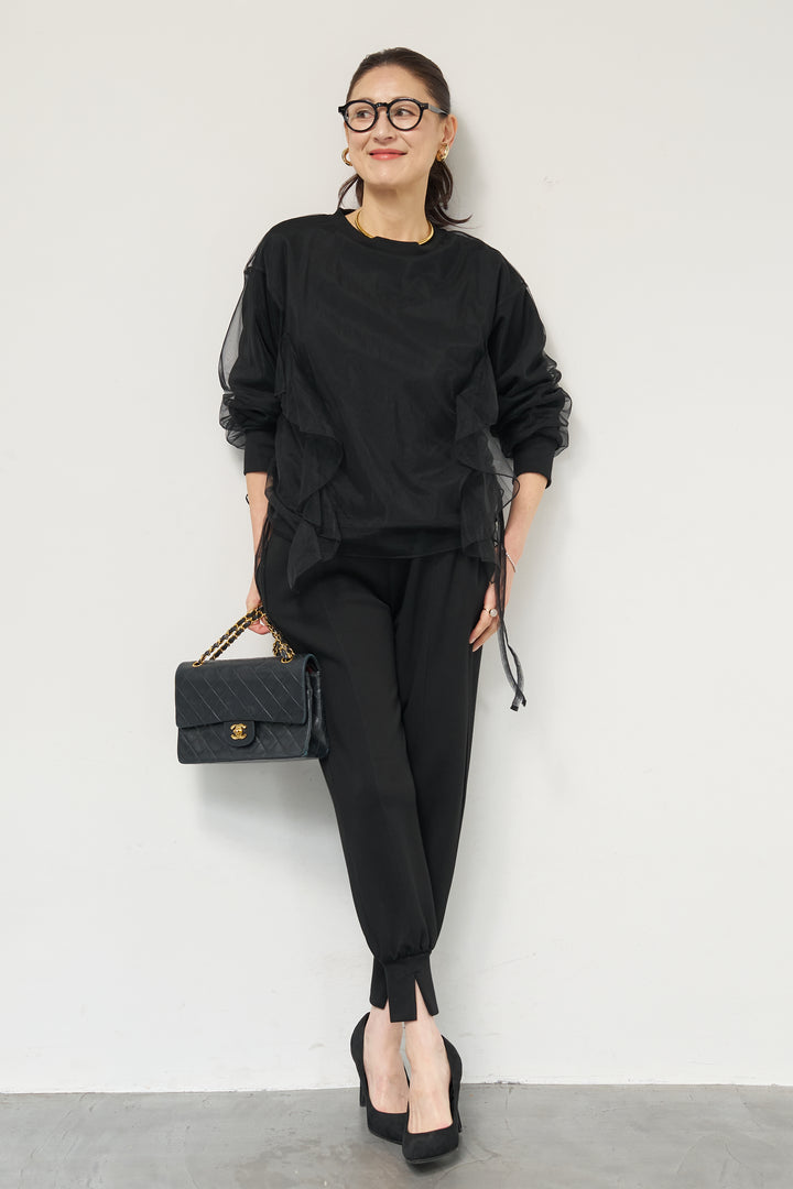 [SET]チュールレイヤード裏毛プルオーバー+ライトダンボールジョガーパンツ(2set)