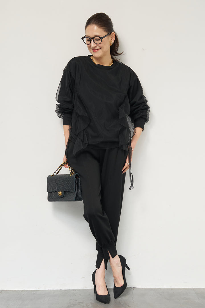 [SET]チュールレイヤード裏毛プルオーバー+ライトダンボールジョガーパンツ(2set)