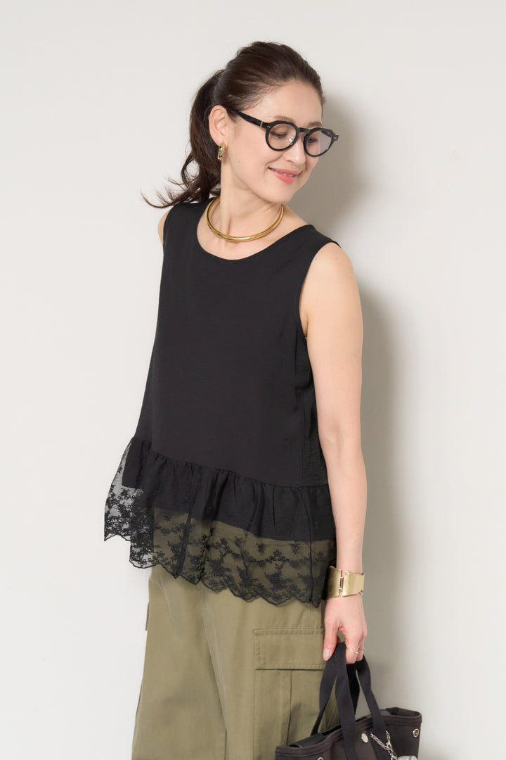 裾レース切替ノースリーブトップス