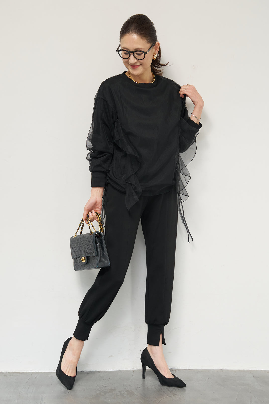 [SET]チュールレイヤード裏毛プルオーバー+ライトダンボールジョガーパンツ(2set)