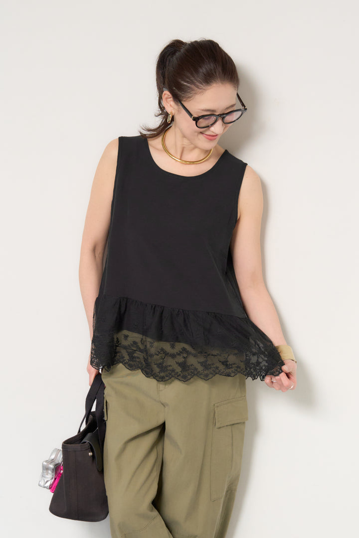 裾レース切替ノースリーブトップス